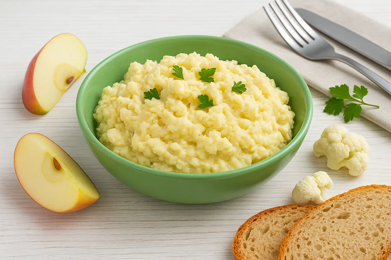  Cremige Blumenkohlbutter mit Apfel im grünen Schälchen, dekoriert mit Apfel, Brot und Blumenkohlröschen auf weißem Holztisch.