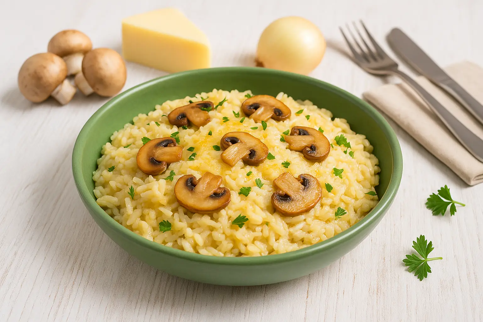  Cremiger Reis mit Champignons und Käse, serviert in grüner Schüssel auf weißem Holztisch, dekoriert mit frischen Kräutern und Besteck.