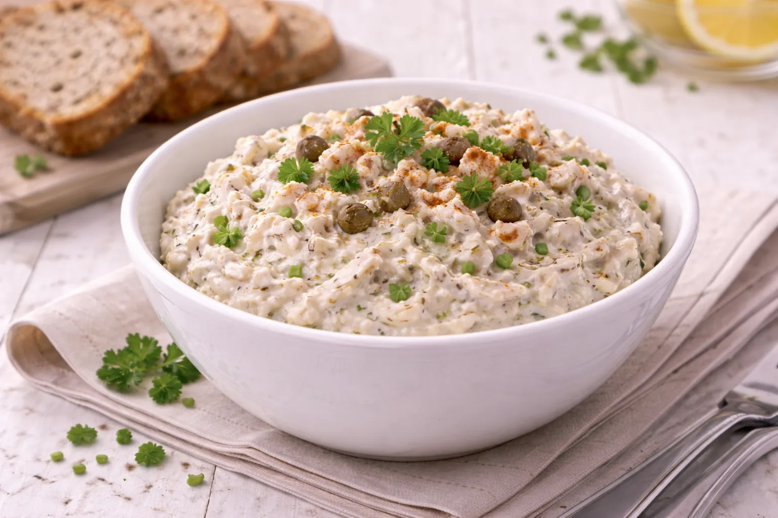 Weiße Schale mit dänischem Quarkaufstrich aus Quark und Ölsardinen, daneben Brotscheiben auf weißem Holzhintergrund