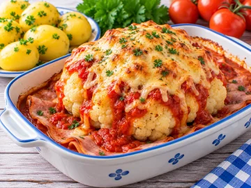 Ganzer Blumenkohl mit Tomatentunke, Schinken und geschmolzenem Käse überbacken.