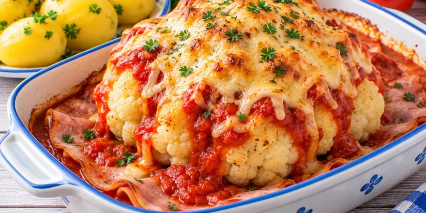 Ganzer Blumenkohl mit Tomatentunke, Schinken und geschmolzenem Käse überbacken.