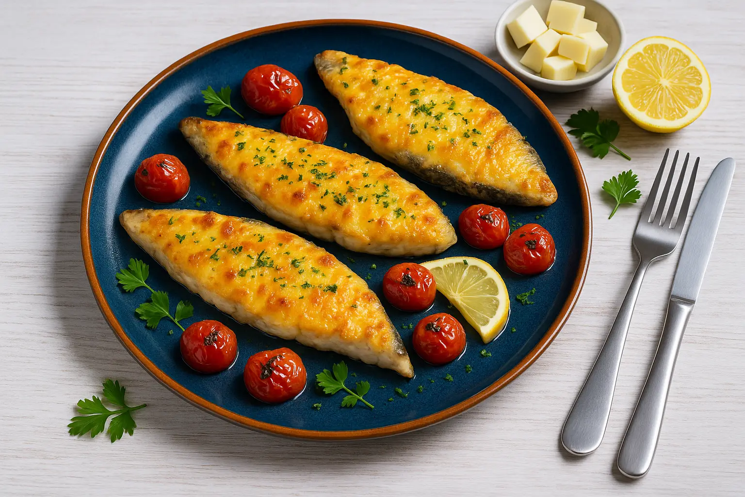  Fischfilets mit geschmolzener Käsekruste und gegrillten Tomaten auf buntem DDR-Teller, modern dekoriert auf weißem Holztisch.