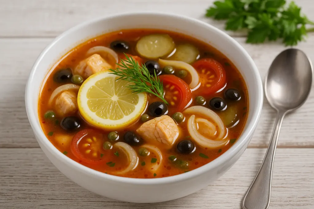 Fischsoljanka mit Kapern, Tomaten, Gurken, Fisch und Kräutern in einer weißen Suppenschüssel, dazu Zitrone und Dill auf weißem Holztisch.