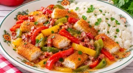 Fischstäbchen-Paprika-Topf mit bunten Paprikastreifen, Rauchspeck und Reis.