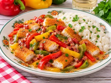Fischstäbchen-Paprika-Topf mit bunten Paprikastreifen, Rauchspeck und Reis.