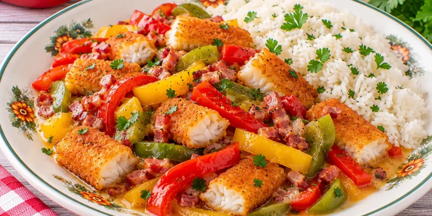 Fischstäbchen-Paprika-Topf mit bunten Paprikastreifen, Rauchspeck und Reis.