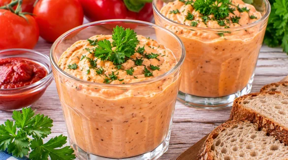 Herzhafter Frühstücksbecher aus Quark mit Tomatenmark und frischer Petersilie.