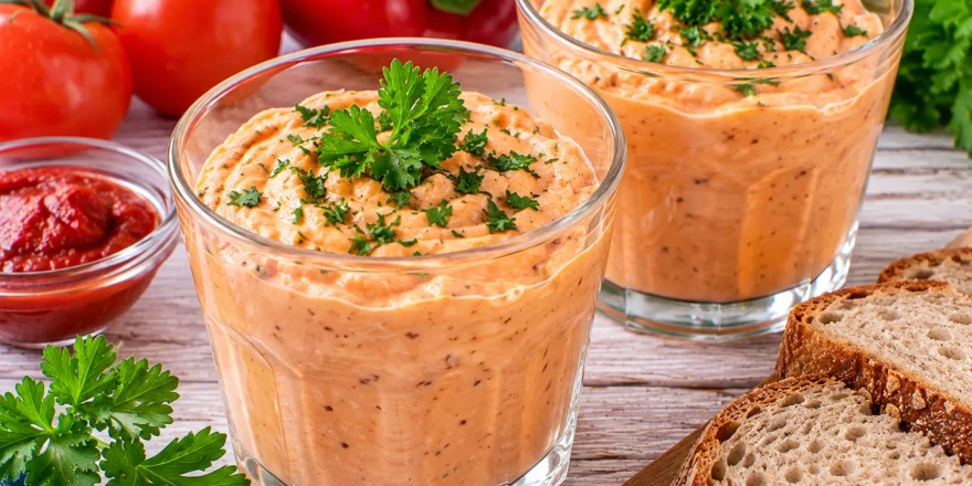 Herzhafter Frühstücksbecher aus Quark mit Tomatenmark und frischer Petersilie.