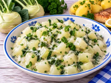 Gedünsteter Kohlrabi in cremiger Soße mit Kohlrabiblättern und Petersilie.