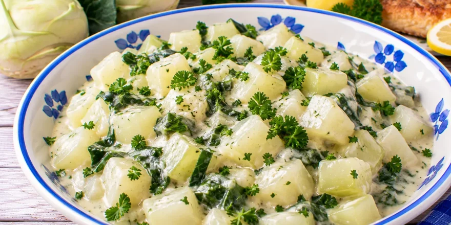 Gedünsteter Kohlrabi in cremiger Soße mit Kohlrabiblättern und Petersilie.