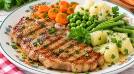 Gegrilltes Kalbssteak mit buntem Gemüse und frischen Kräutern.