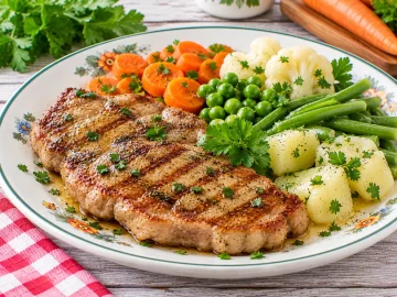 Gegrilltes Kalbssteak mit buntem Gemüse und frischen Kräutern.