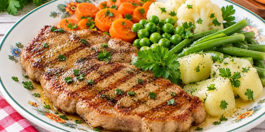 Gegrilltes Kalbssteak mit buntem Gemüse und frischen Kräutern.