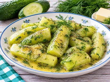 Gedünstete Gurken in Dillbutter mit frischem gehacktem Dill.