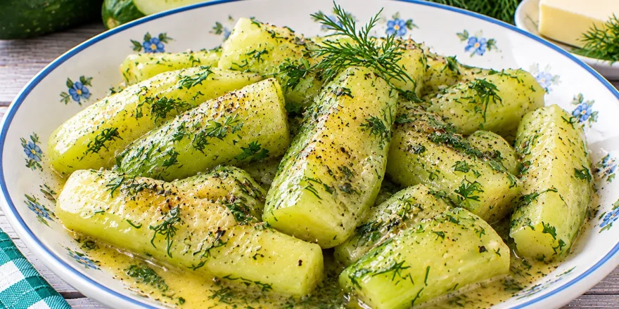 Gedünstete Gurken in Dillbutter mit frischem gehacktem Dill.