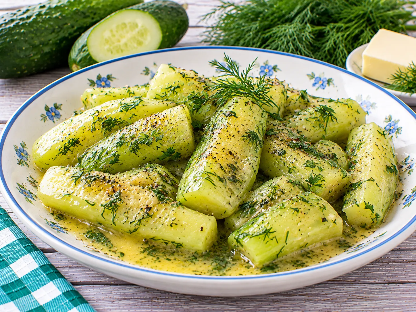 Gedünstete Gurken in Dillbutter mit frischem gehacktem Dill.