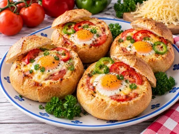 Gefüllte Hellerauer Brötchen mit Ei, Tomaten, Käse und Paprikaringen.