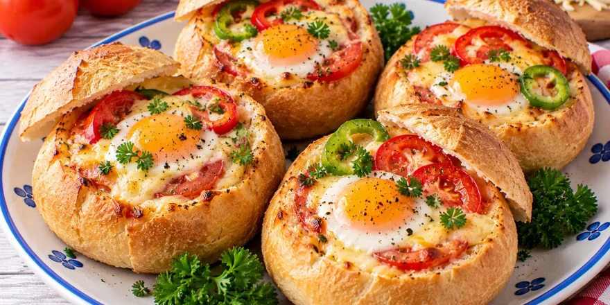 Gefüllte Hellerauer Brötchen mit Ei, Tomaten, Käse und Paprikaringen.