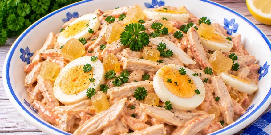 Cremiger Geflügelsalat mit Hühnerfleisch, Ei und Ingwer.