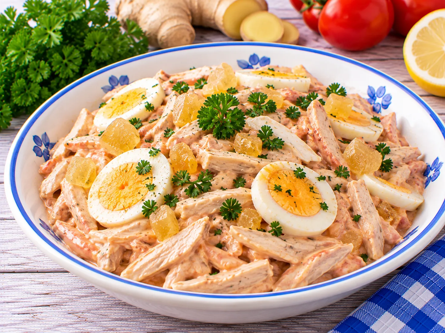 Cremiger Geflügelsalat mit Hühnerfleisch, Ei und Ingwer.