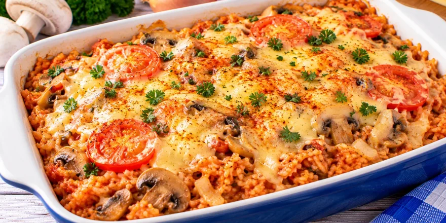 Italienischer Reistopf mit Champignons, Tomaten und geschmolzenem Käse.