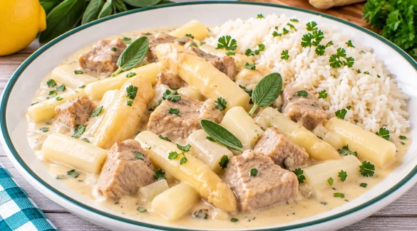 Cremiges Kalbsfrikassee mit zartem Kalbfleisch, Spargel und Salbei.
