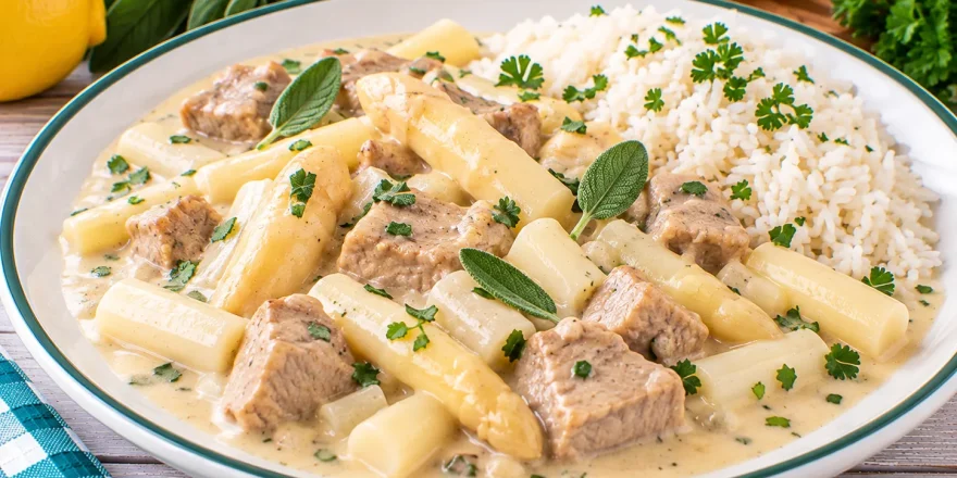 Cremiges Kalbsfrikassee mit zartem Kalbfleisch, Spargel und Salbei.