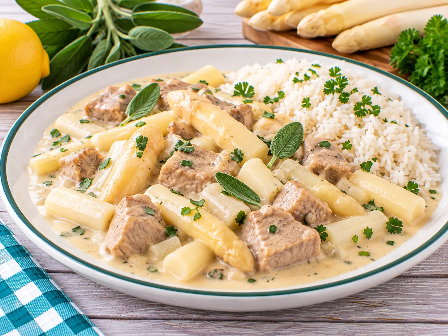 Cremiges Kalbsfrikassee mit zartem Kalbfleisch, Spargel und Salbei.