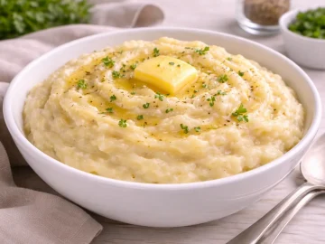 Kartoffel-Sellerie-Püree mit cremiger Konsistenz in weißer Schüssel auf hellem Holztisch.