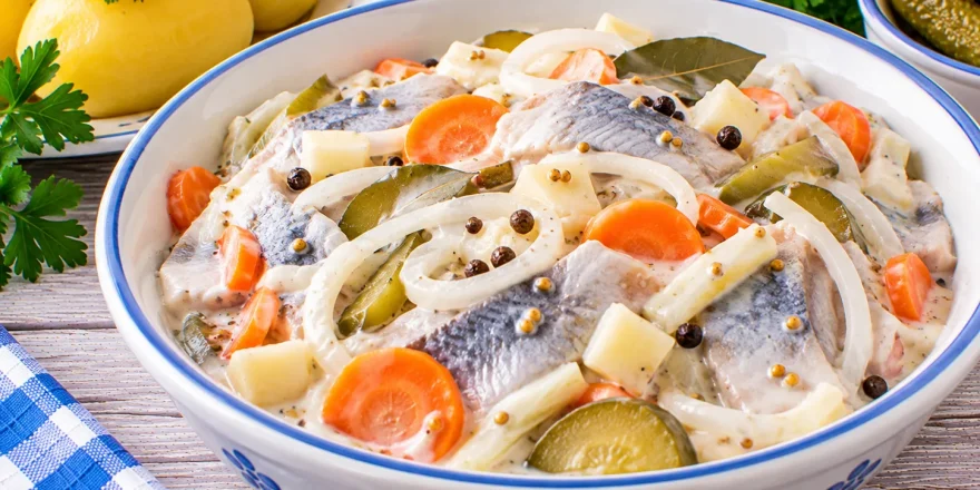 Marinierte Heringe mit Zwiebeln, Gurken, Möhren, Apfel und cremiger Soße.