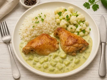 Pfefferhähnchen in Gurkensoße auf einem weißen Teller mit Butterreis und Blumenkohlsalat