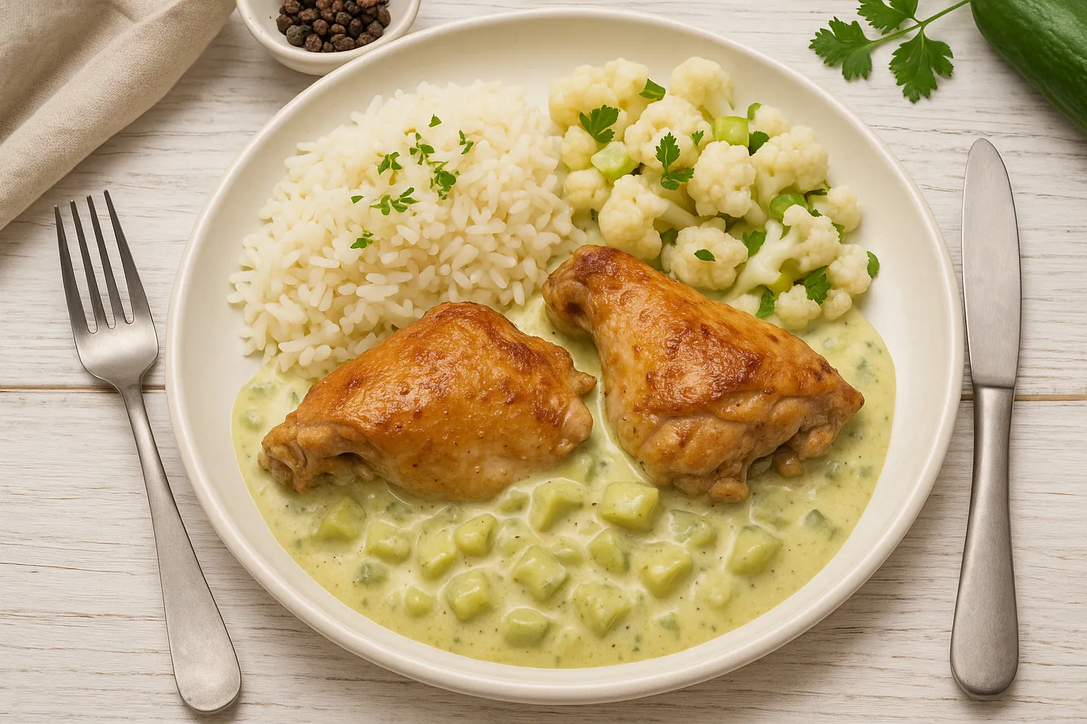 Pfefferhähnchen in Gurkensoße auf einem weißen Teller mit Butterreis und Blumenkohlsalat