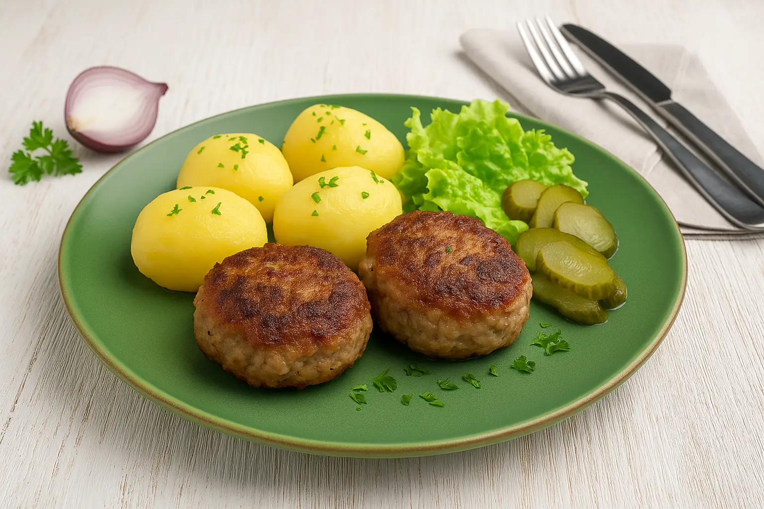  Pikanter Bratklops mit Kartoffeln, Gurken und Salat auf grünem Teller im Breitformat, angerichtet auf weißem Holztisch mit Besteck.