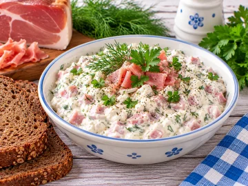 Cremiger Schinkenquark mit rohem Schinken, Dill und frischer Petersilie.