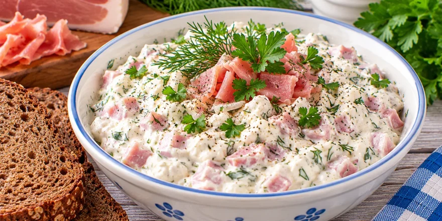Cremiger Schinkenquark mit rohem Schinken, Dill und frischer Petersilie.