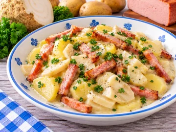 Cremiger Sellerietopf mit Kartoffeln, Sellerie, Leberkäsestreifen und Petersilie.