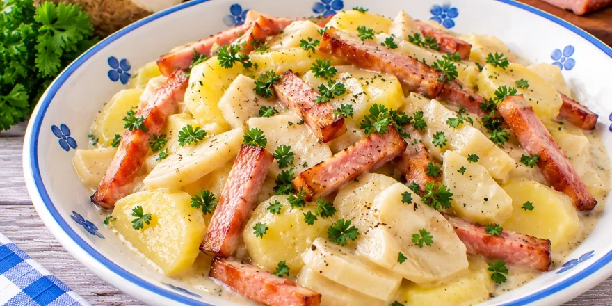 Cremiger Sellerietopf mit Kartoffeln, Sellerie, Leberkäsestreifen und Petersilie.