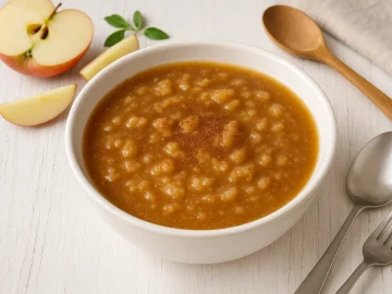 Süße Brotsuppe in weißer Schüssel mit Apfelstücken und Zimt bestäubt auf hellem Holztisch mit Besteck und Deko