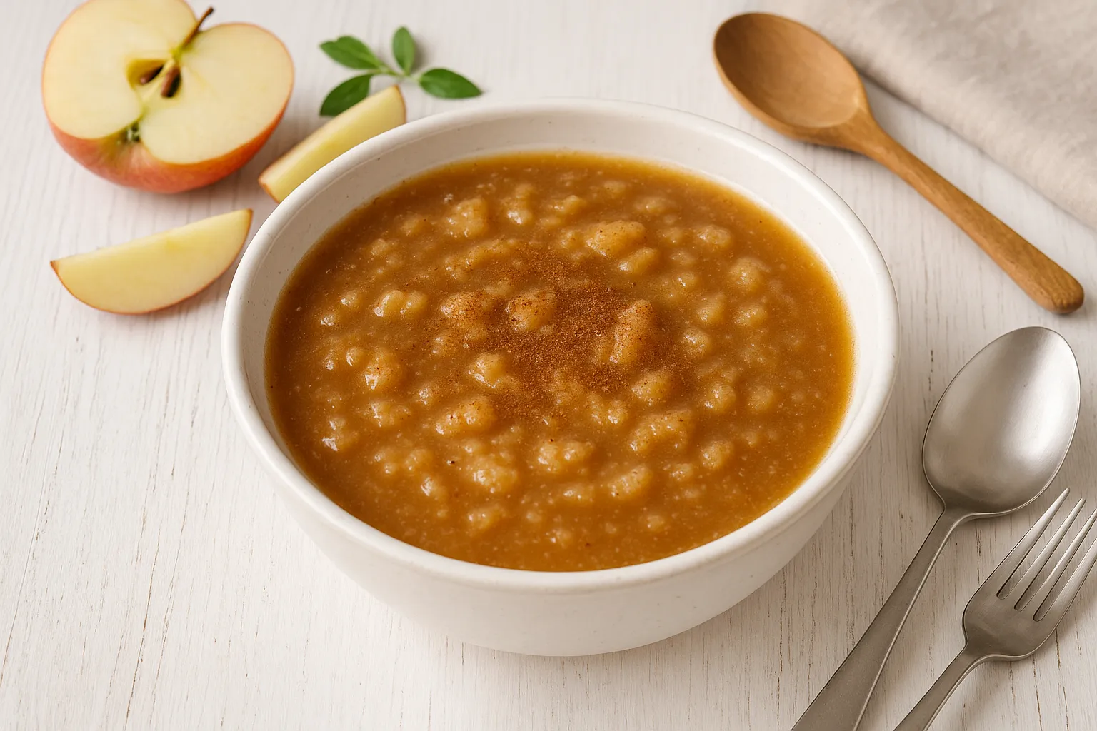 Süße Brotsuppe in weißer Schüssel mit Apfelstücken und Zimt bestäubt auf hellem Holztisch mit Besteck und Deko