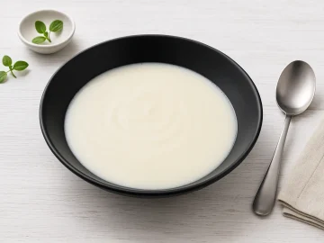 Schwarzer tiefer Teller mit cremiger süßer Milchsuppe auf weißem Holzhintergrund, dekoriert mit dezenter Tischdeko