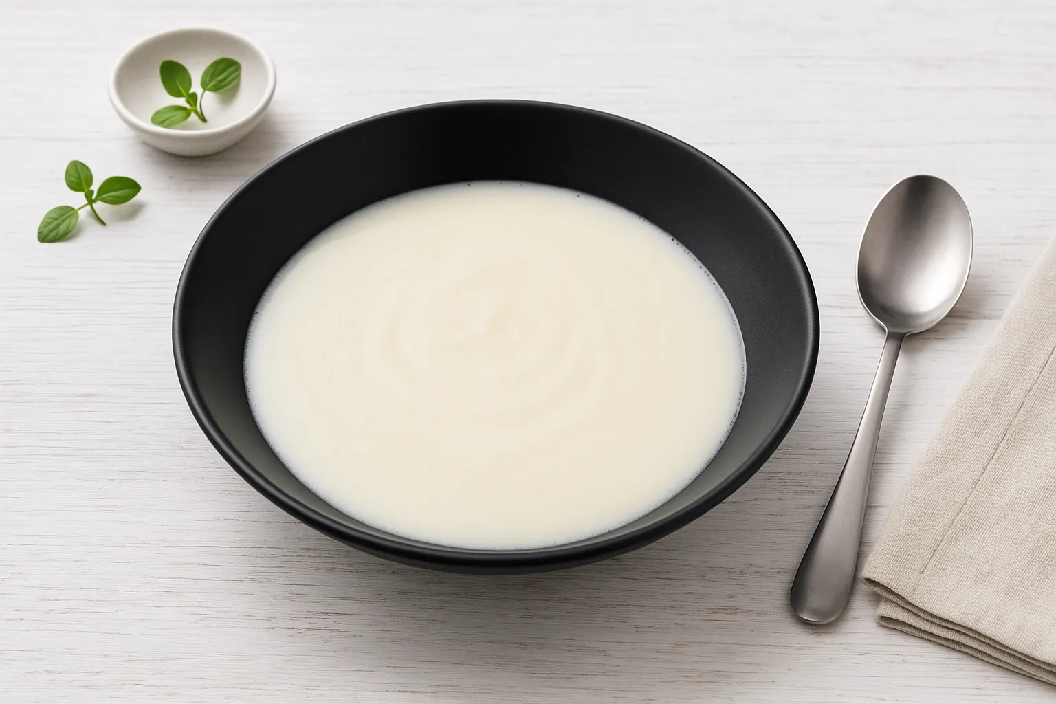 Schwarzer tiefer Teller mit cremiger süßer Milchsuppe auf weißem Holzhintergrund, dekoriert mit dezenter Tischdeko