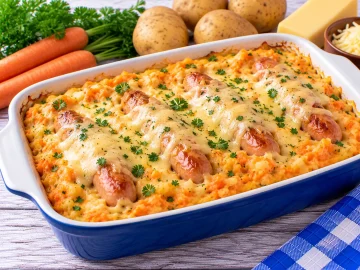 Überbackene Möhren mit Kartoffelbrei, Würstchen und geschmolzenem Käse.