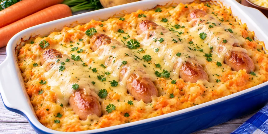 Überbackene Möhren mit Kartoffelbrei, Würstchen und geschmolzenem Käse.