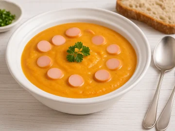 Wiener Möhrensuppe in weißem tiefen Teller, dekoriert mit Petersilie und Würstchenscheiben auf weißem Holztisch