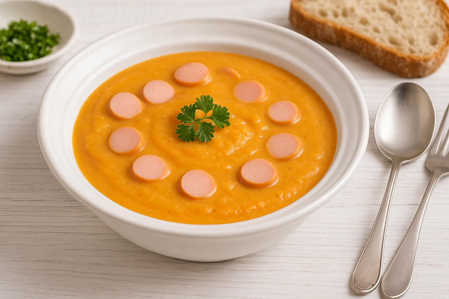 Wiener Möhrensuppe in weißem tiefen Teller, dekoriert mit Petersilie und Würstchenscheiben auf weißem Holztisch