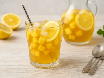 Glas mit Ananas-Tee-Bowle, Zitronenscheiben und Eiswürfeln auf hellem Holzhintergrund