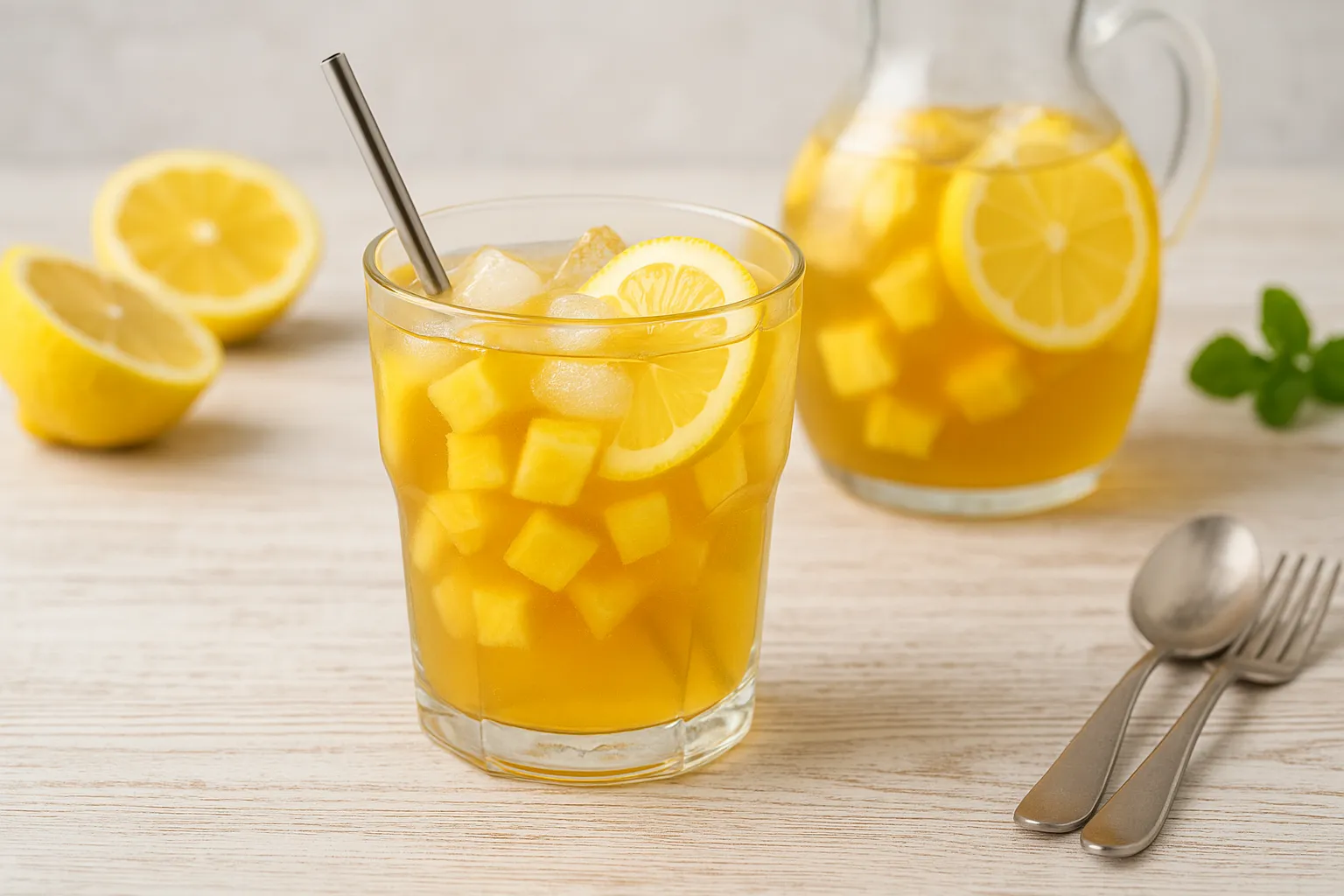 Glas mit Ananas-Tee-Bowle, Zitronenscheiben und Eiswürfeln auf hellem Holzhintergrund