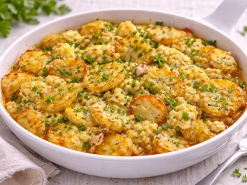 Gebratene Kartoffelscheiben mit Ei-Käse-Mischung und Kräutern in weißer Pfanne auf hellem Holzhintergrund