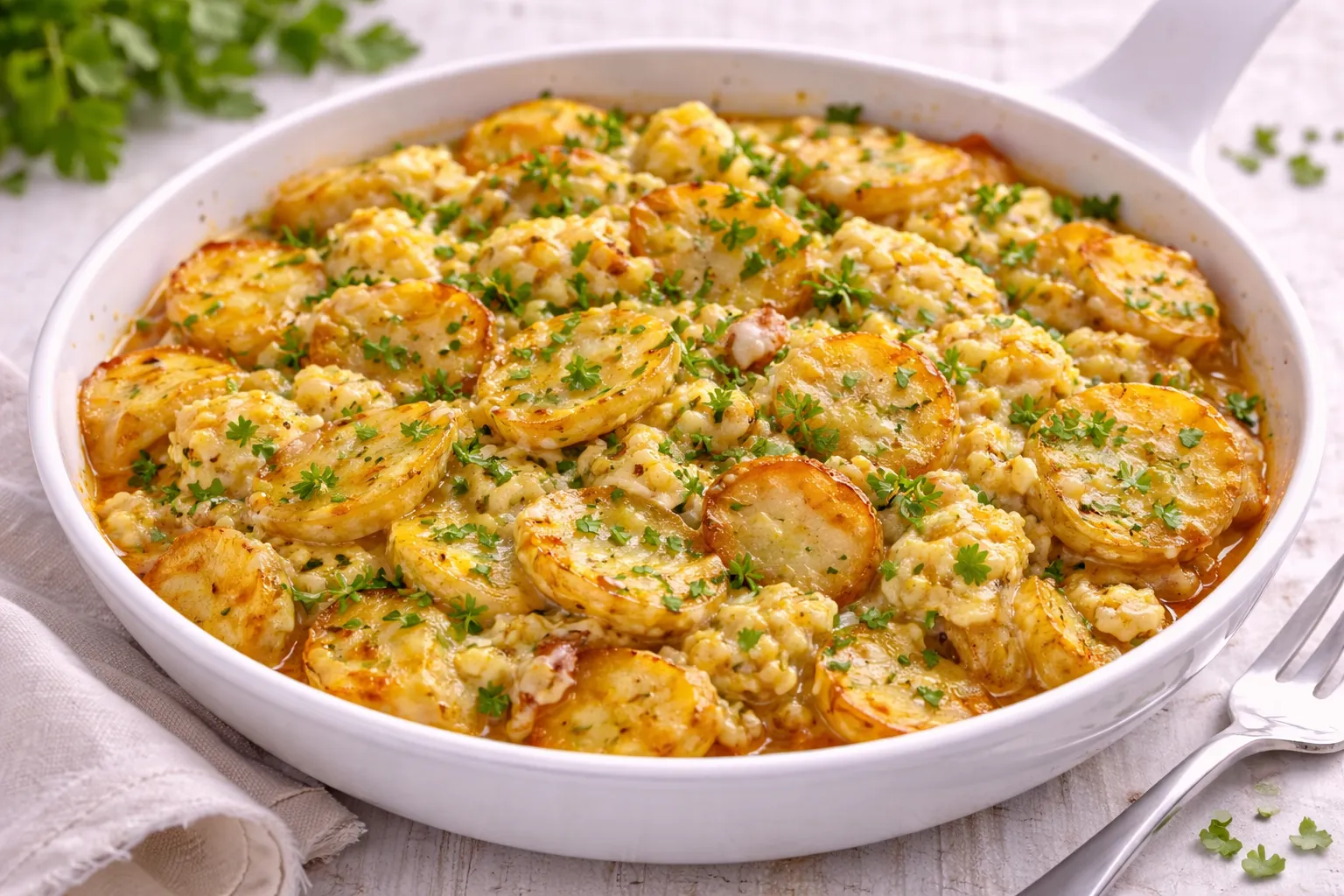 Gebratene Kartoffelscheiben mit Ei-Käse-Mischung und Kräutern in weißer Pfanne auf hellem Holzhintergrund