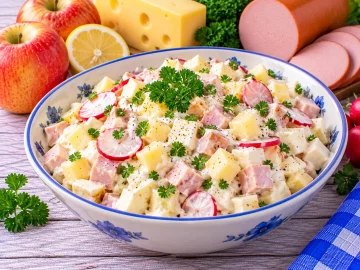 Apfel-Käse-Salat mit Jagdwurst, Joghurt, Quark, Radieschen und Petersilie.
